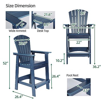 Aoodor Tall Adirondack Chairs Set Of 2, Hdpe Patio Bar Stool With Connecting Tray