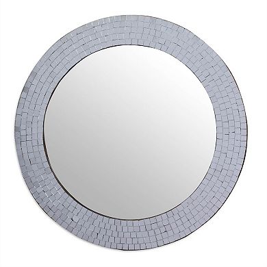 Modern Round Circular Bathroom Wall Mirror With Mosaic Glass Silver Frame