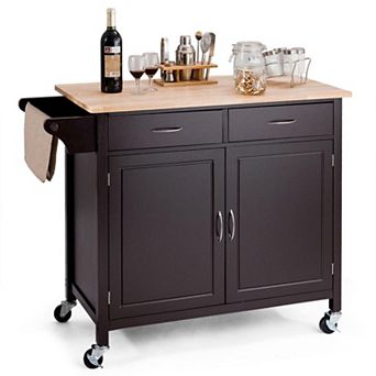 Brown Kitchen Island Storage Cart With Wood Top And Casters