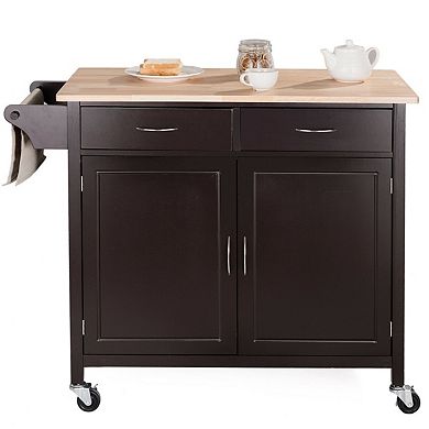 Brown Mobile Kitchen Cart with Wood Top, Cabinet Storage, 2 Slide-Out Drawers, and Towel Rail 43 in.