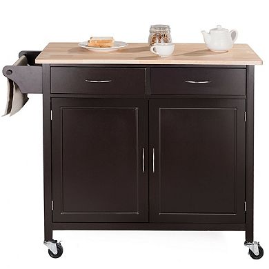 Brown Mobile Kitchen Cart with Wood Top, Cabinet Storage, 2 Slide-Out Drawers, and Towel Rail 43 in.