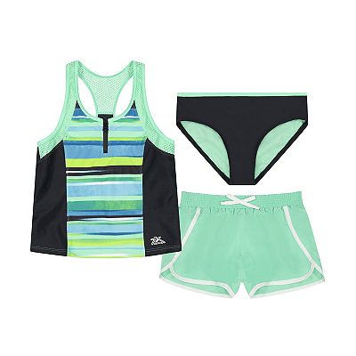 Girls 4-16 ZeroXposur Terrace Zip-Front Tankini Set with Shorts 3-Piece Swim Set