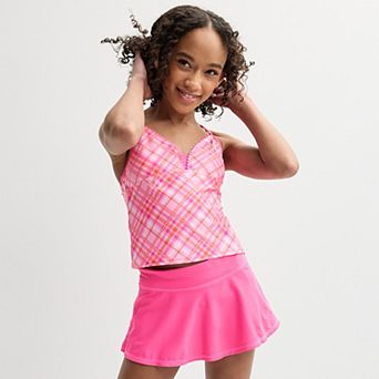 Girls 4-16 ZeroXposur Hopscotch Bobble Trim Tankini with Skirt 3 pc Swim Set