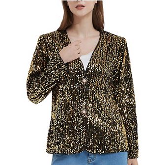 Women's Sequins Blazer Cardigan Jacket Open Front Casual Shiny Coat