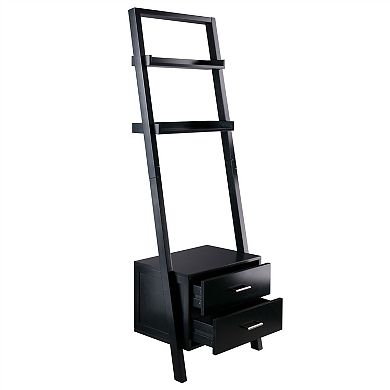 Modern Black 2 Drawer Entryway Shelf Leaning Ladder Bookshelf Bookcase