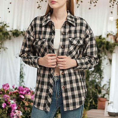 Women's Plaid Shacket Jacket Long Sleeve Button Down Shirts Coat