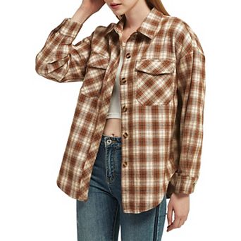 Women's Plaid Shacket Jacket Long Sleeve Button Down Shirts Coat