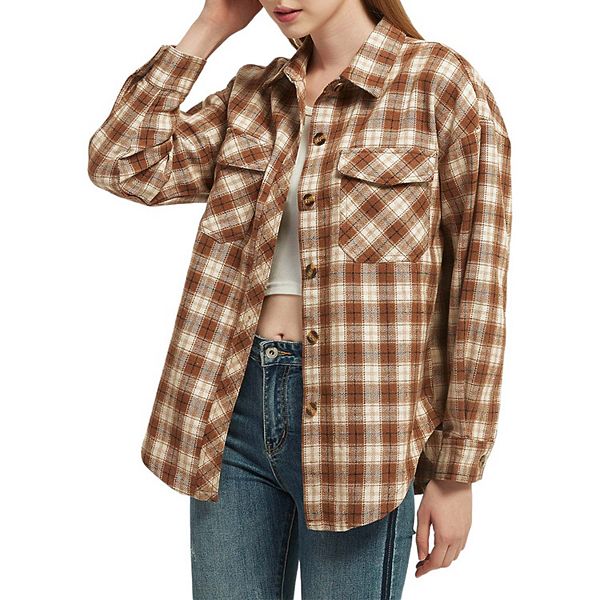 Cotton Plaid Red Navy Button Long Shirt Shacket