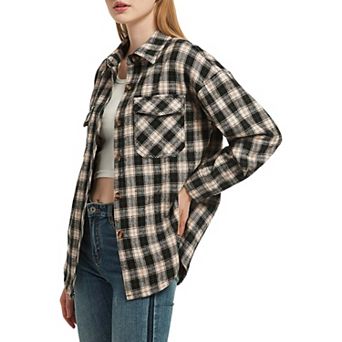 Women's Plaid Shacket Jacket Long Sleeve Button Down Shirts Coat