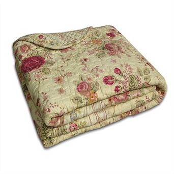 Red Pink Gold Ecru Floral Roses Quilt Throw Blanket