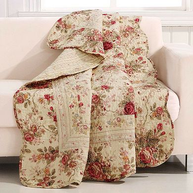 Red Pink Gold Ecru Floral Roses Quilt Throw Blanket