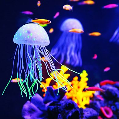 Aquarium Jellyfish Glow Decor Fish Tank Fluorescent Jellyfish Ornaments 3.2"x7.5" With Suction Cup
