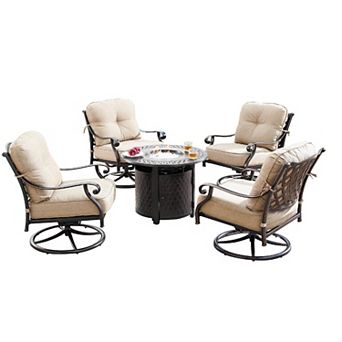 Outdoor Aluminum 34 in Round Fire Table Set With 4 Deep Seating Swivel Rocking Chairs, Accessoriess