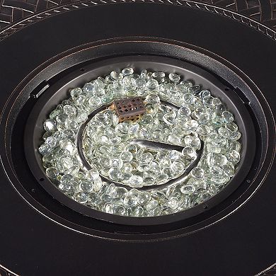 Outdoor Aluminum 34 In. Round Fire Table Set With 4 Deep Seating Swivel Rocking Chairs, Accessoriess