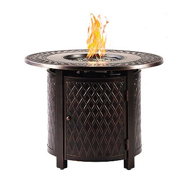 Outdoor Aluminum 34 In. Round Fire Table Set With 4 Deep Seating Swivel Rocking Chairs, Accessoriess