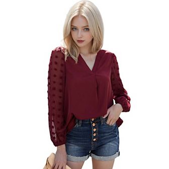 Women's Chiffon Blouse Swiss Dot Long Sleeve Top