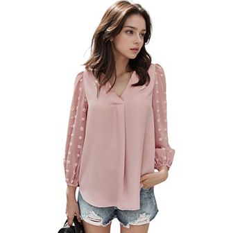Women's Chiffon Blouse Swiss Dot Long Sleeve Top