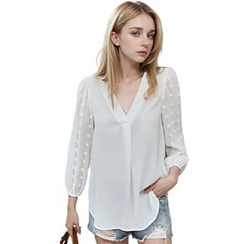 Women's Chiffon Blouse Swiss Dot Long Sleeve Top