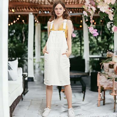 Women's Distressed Denim Overall Midi Dress