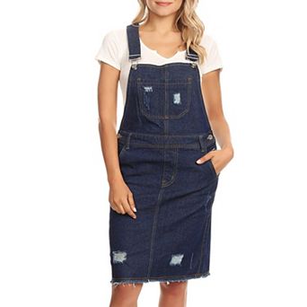 Women's Distressed Denim Overall Midi Dress