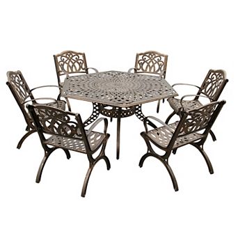 Modern Outdoor Aluminum 63 in Large Bronze Hexagon Patio Dining Set With Lazy Susan And Six Chairs