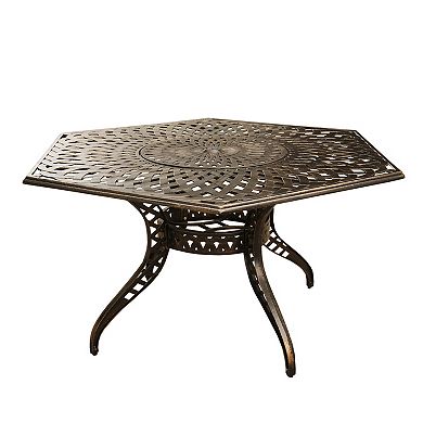 Modern Outdoor Aluminum 63-in Large Bronze Hexagon Patio Dining Set With Lazy Susan And Six Chairs