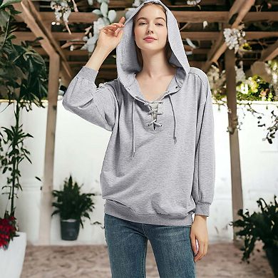 Yuccalley Women's Criss Cross Hoodie - Lace Up V Neck Long Sleeve Sweatshirt