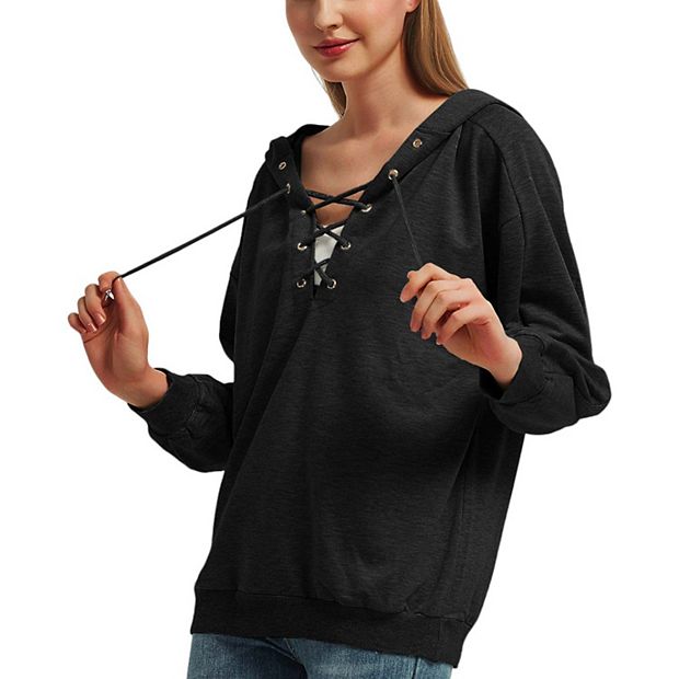 Women's Lace Up Criss Cross V Neck Hoodies Long Sleeve Top