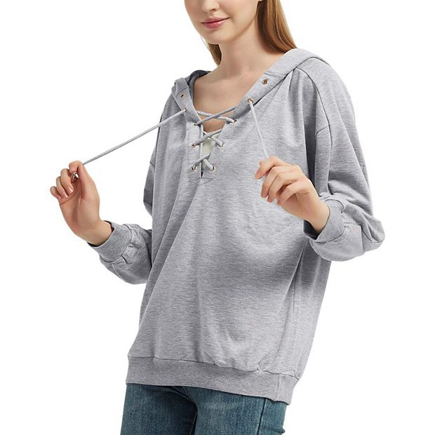 Women's Lace Up Criss Cross V Neck Hoodies Long Sleeve Top