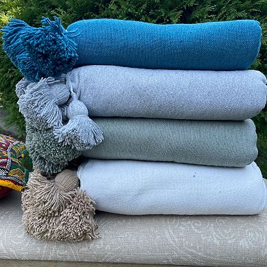 Moroccan Cotton Throw & Blanket with Handwoven Pom Pom Trim - 118"x79"