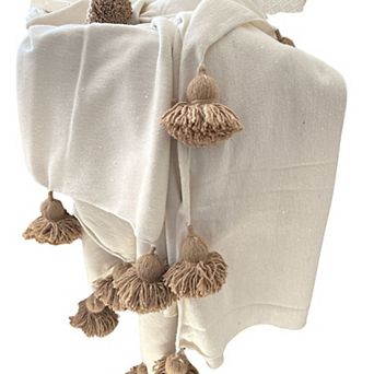 Moroccan Cotton Throw & Blanket with Handwoven Pom Pom Trim - 118"x79"