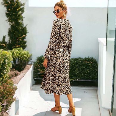 Women's Leopard Lantern Sleeves Drawstring Tie Waist Midi Dress