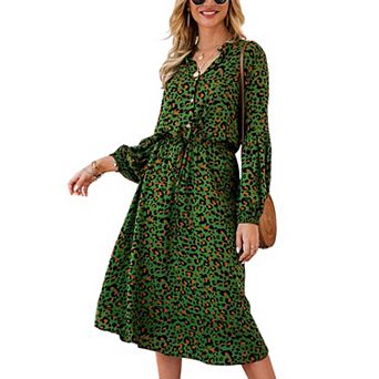 Women's Leopard Lantern Sleeves Drawstring Tie Waist Midi Dress