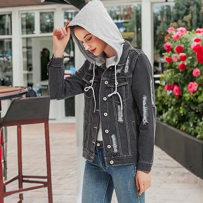 Women s Detachable Hoodie Denim Distressed Jean Jacket