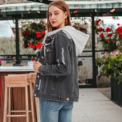 Women s Detachable Hoodie Denim Distressed Jean Jacket