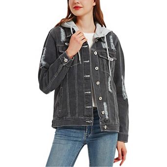 Women's Detachable Hoodie Denim Distressed Jean Jacket