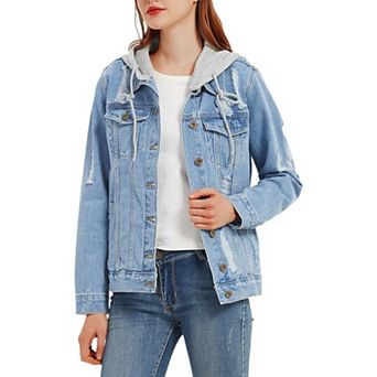 Women's Detachable Hoodie Denim Distressed Jean Jacket