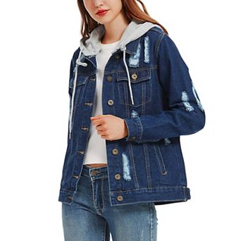 Women's Detachable Hoodie Denim Distressed Jean Jacket