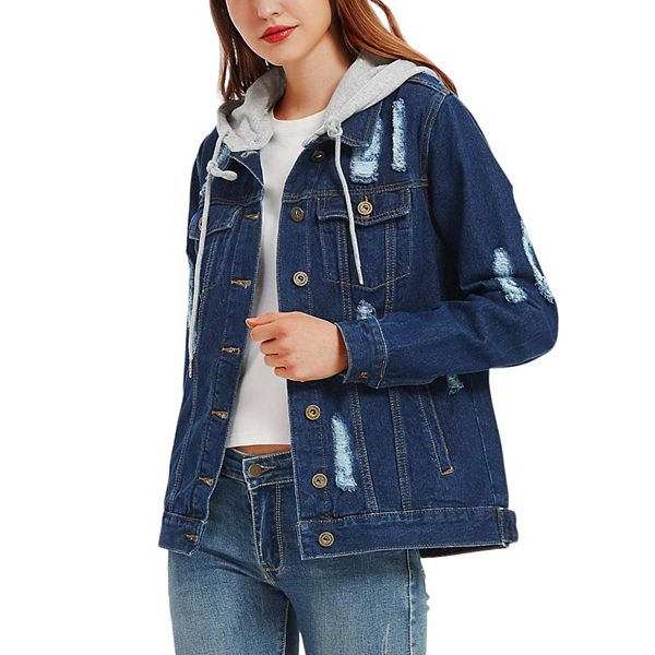 その他のブランド（other）/その他トップス SYNTHETIC DENIM HOODED JACKET LADIES Women's Detachable Hoodie Denim Distressed Jean Jacket