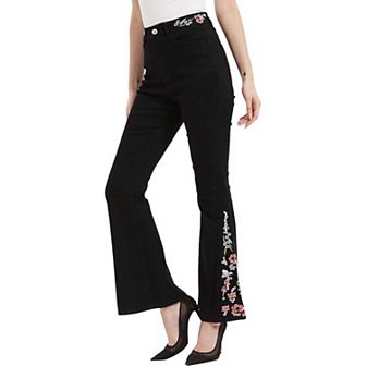Women's Floral Daisy Embroidered Mid Rise Bell Bottom Jeans