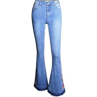 Women's Floral Daisy Embroidered Mid Rise Bell Bottom Jeans