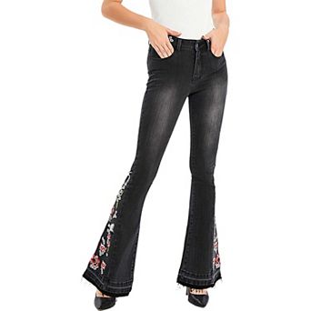 Women's Floral Daisy Embroidered Mid Rise Bell Bottom Jeans
