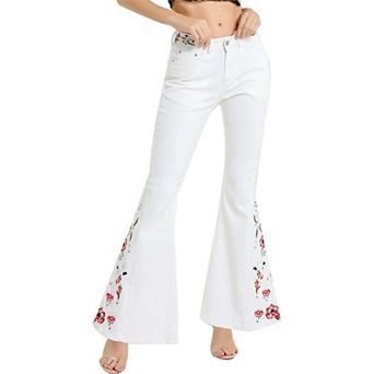 Women's Floral Daisy Embroidered Mid Rise Bell Bottom Jeans