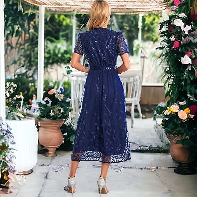 Women's Sequin Wedding Party Maxi Lace Floral Embroidery Long Dress