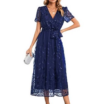 Women's Sequin Wedding Party Maxi Lace Floral Embroidery Long Dress