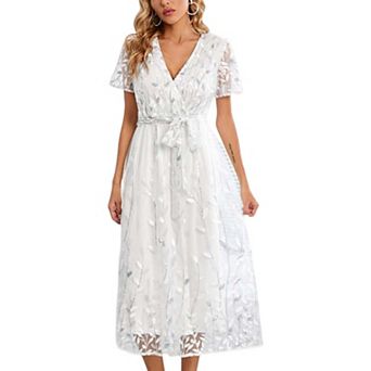 Women's Sequin Wedding Party Maxi Lace Floral Embroidery Long Dress