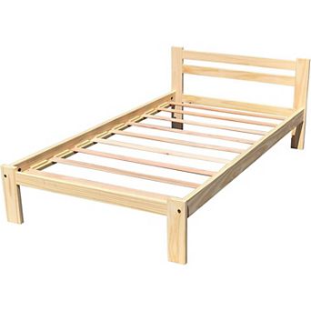 Twin Size Unfinished Solid Pine Wood Platform Bed Frame With Slatted Headboard