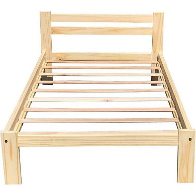 Twin Size Unfinished Solid Pine Wood Platform Bed Frame With Slatted Headboard