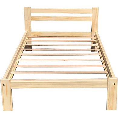 Twin Size Unfinished Solid Pine Wood Platform Bed Frame With Slatted Headboard