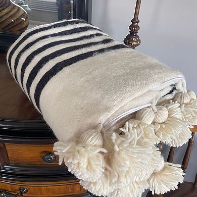 Beldinest Moroccan Wool Blanket: Hand-woven, Off-white With Stripes - 118"x78